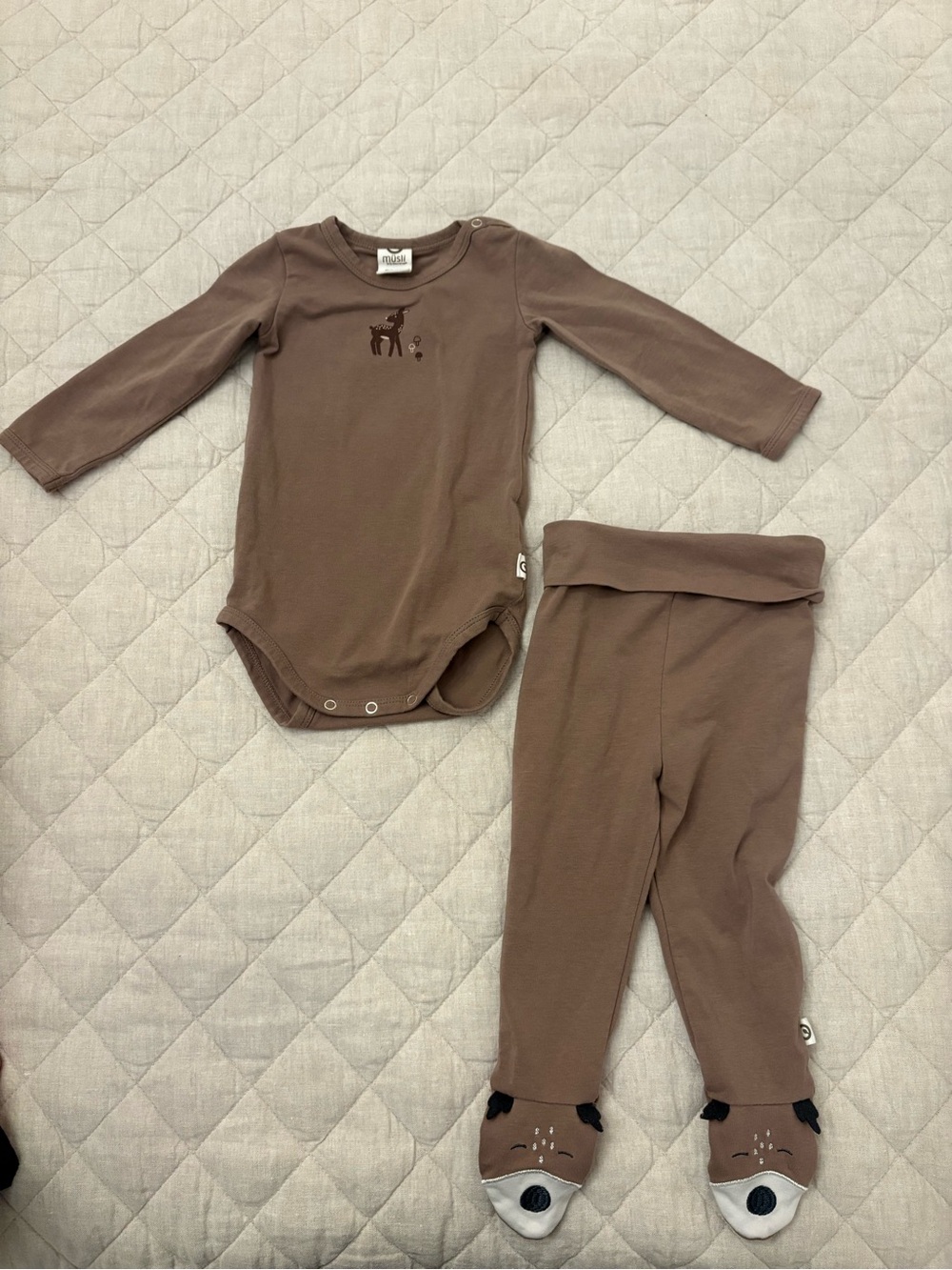 Soft Brown Long-Sleeve Baby Bodysuit and Footed Pants Set